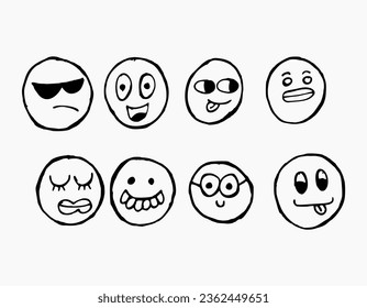 Dibujado a mano de un extraño emoticono con negro. Ilustración creativa adecuada para pegatinas y portadas o notas. Aislado sobre fondo blanco, raro