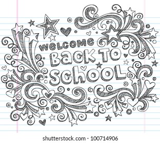 Hand-Drawn Welcome Back to School Sketchy Notebook Doodles with Lettering, Shooting Stars, and Swirls- Vector Illustration Design Elements on Lined Sketchbook Paper Background