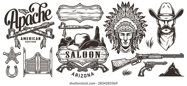 Hand-drawn Western Americana elements in bold black ink. Indigenous and cowboy figures stand strong and proud. Sword, rifle, and saloon sign evoke classic frontier spirit