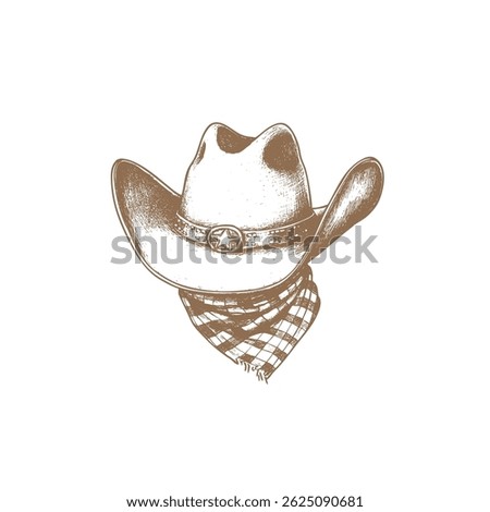 Hand-drawn western cowboy hat with a checkered scarf and star badge in vintage sketch style. Ink line drawing illustration, isolated on white background.