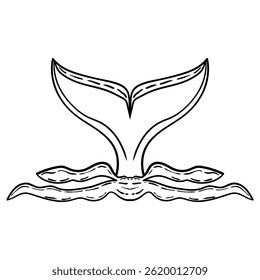 Hand-drawn whale in vintage art style with waves ocean