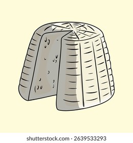 Hand-drawn of a wheel of ricotta cheese with a slice cut out