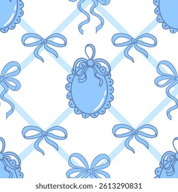 Hand-drawn whimsical Coquette Pattern. Blue Antique Medallion and Bows on pastel Ribbon background. Vintage Feminine Romantic wallpaper, Vintage elegant vector illustration. 