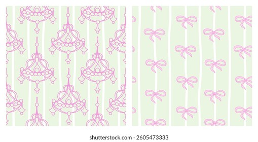 Hand-drawn whimsical Coquette Pattern set. Pink Antique Chandelier and Bows on green pastel background. Vintage coquette wallpaper, line art style, vector illustration.