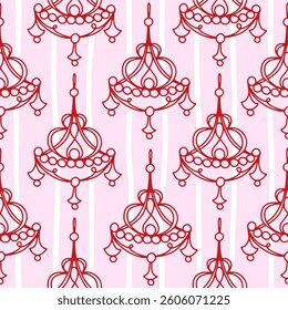 Hand-drawn whimsical Coquette Pattern set. Red Antique Chandelier on pink pastel background. Vintage coquette wallpaper, line art style, vector illustration.