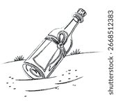 Hand-Drawn Whimsical Message in a Bottle Vector – Monochrome Doodle Illustration