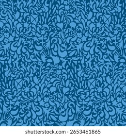 Hand-Drawn Whimsical Seamless Pattern with Nature Elements and Playful Shapes – Blue Toned Vector Background