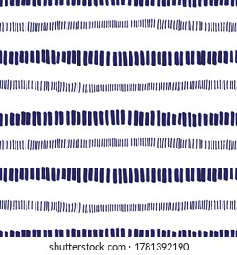 Hand-drawn whimsical textured organic horizontal stripes vector seamless pattern. Fresh tie-dye abstract geometric marks print in white and indigo blue. Marks, scribbles. Perfect for home decor