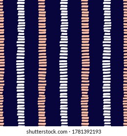 Hand-drawn whimsical textured organic vertical stripes vector seamless pattern. Fresh tie-dye abstract geometric marks print in indigo and coral. Marks, scribbles. Perfect for home decor