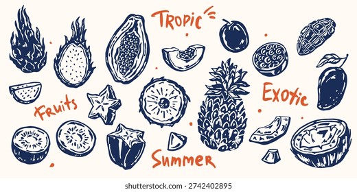 Hand-drawn whimsical vector doodle set of tropical fruits: dragon fruit, carambola, papaya, passion fruit, mango, coconut, pineapple, kiwi. Fun, playful illustrations for summer prints