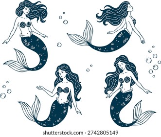 Hand-drawn whimsical vector doodle set of mermaids in minimal linear monochrome style. Elegant underwater female characters. Isolated outline illustrations for prints and design