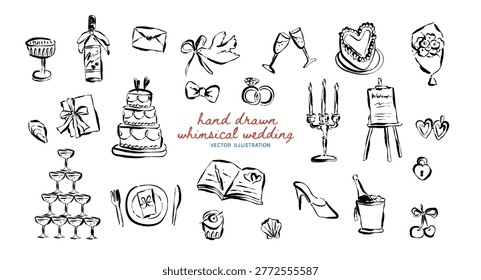 Hand-drawn Whimsical wedding doodle set, Sketch wedding items decoration for wedding invitation, party, menus, invitation, card and anniversary