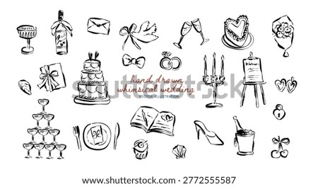 Hand-drawn Whimsical wedding doodle set, Sketch wedding items decoration for wedding invitation, party, menus, invitation, card and anniversary