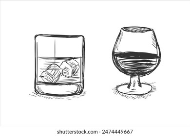 Hand-drawn whiskey glass vintage silhouette art