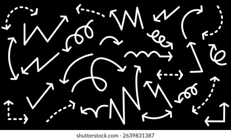 Hand-Drawn white Arrows on black Background. A seamless pattern of hand-drawn white arrows in various dynamic styles on a clean black background.