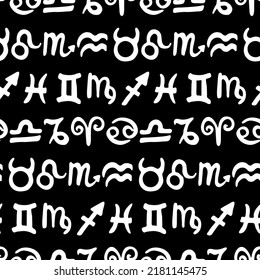 Hand-drawn white astrology signs on black seamless pattern vector