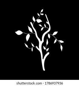 A hand-drawn white branch with leaves on a black background. Image isolated vector contour.
