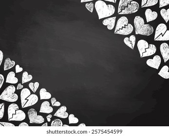 Hand-drawn white broken hearts on black chalkboard background with empty space

