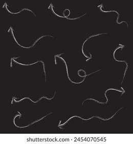 Vector de flecha de pincel blanco dibujado a mano aislado sobre un fondo negro.