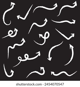 Hand-drawn white brush arrow vector isolated on a black background.