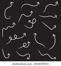 Hand-drawn white brush arrow vector isolated on a black background.