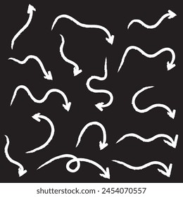 Hand-drawn white brush arrow vector isolated on a black background.