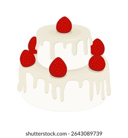 Hand-drawn white cake with creamy frosting and strawberries on transparent background, vector of white cake with creamy frosting and strawberries on top collection.