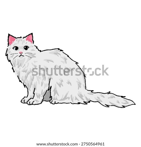 Hand-drawn white cat in walking pose isolated on white. Vector illustration of a white cat. Design illustration for sticker, comic, print.