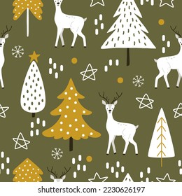 Hand-drawn white deer with Christmas trees in Scandinavian style on a green background. Seamless vector pattern with wild animals in wood for fabric or bedclothes. Print for New Year or autumn