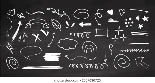 Hand-drawn white doodle elements on chalkboard background