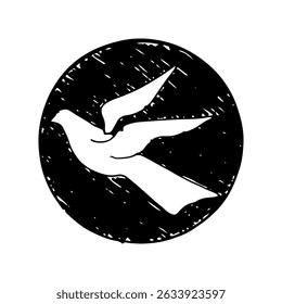 Hand-drawn white dove with a black sketch circle vector symbol.