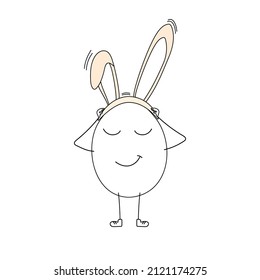 a hand-drawn white egg with handles and legs, eyes closed with pink bunny ears attired. simple doodle illustration of easter egg. isolated vector illustration