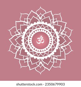 Hand-drawn white floral mandala with om symbol in the center. Vector illustration.