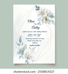 Hand-drawn white floral wedding invitation template with elegant flowers and leaves, perfect for romantic, stylish, and timeless wedding designs.