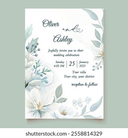 Hand-drawn white floral wedding invitation template with elegant flowers and leaves, perfect for romantic, stylish, and timeless wedding designs.