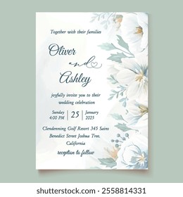 Hand-drawn white floral wedding invitation template with elegant flowers and leaves, perfect for romantic, stylish, and timeless wedding designs.