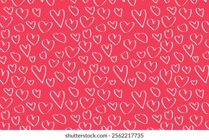 Hand-drawn white hearts pattern on a pink background. Use for creating unique designs with a personal touch. Great for textiles