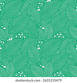 Hand-drawn white leaf pattern with fine line texture. Decorative seamless foliage design in a green background for surface printing. Ideal for fabric, wallpaper, and wrapping paper.