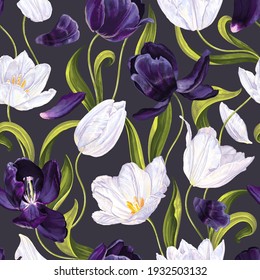 Hand-drawn white, purple realistic tulips flowers and green leaves seamless pattern on dark background. Textiles, clothing prints, desktop wallpapers, social media posts and covers, banner ads.
