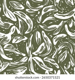 Hand-drawn white seed pods on an olive green background. on linen fabric print pattern, cotton, silk, vector illustration, doodle summer, kids and baby designs for print fabric.