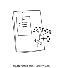 Hojas blancas de papel dibujadas a mano con un estribo de una flor abrochada con cinta adhesiva. Sábanas de cartón con doodle en blanco aisladas. Páginas de diarios decoradas con una planta. Hojas de bloc de notas con contorno de pegatina.