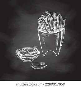 Hand-drawn white sketch of french fries in a carton  box and  tomato sauce  isolated on chalk background. Monochrome junk food vintage illustration. Great for menu, poster or restaurant background.
