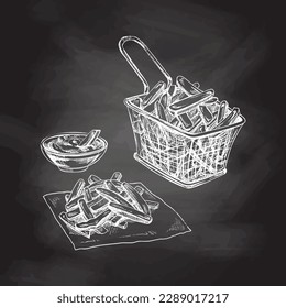 Hand-drawn white sketch of french fries in metal mesh container  and tomato sause isolated on chalk background. Monochrome junk food vintage illustration. Great for menu, poster or restaurant.