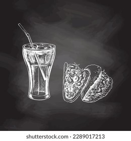 Hand-drawn white sketch of tacos,  cola glass  with ice  isolated on chalk background. Monochrome junk food vintage illustration. Great for menu, poster or restaurant background.