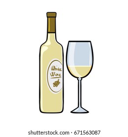 hand-drawn white wine drinks. hand-drawn wine bottle and the glass of wine. Isolated on white background