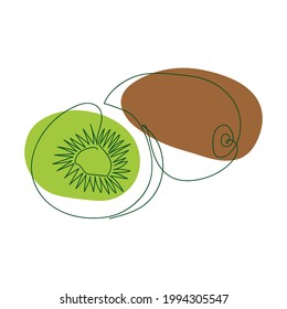 hand-drawn whole kiwi and half kiwi in one solid line against a background of abstract spots of green and brown on a white background