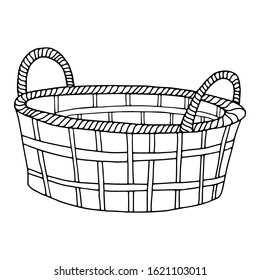 Hand-drawn wicker basket isolated on a white background.Oval high basket for a picnic, for collecting mushrooms and berries, for Easter, for a holiday in nature,for animals.Vector illustration