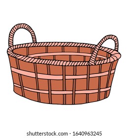 Hand-drawn wicker basket isolated on a white background.Oval high basket for a picnic, for collecting mushrooms and berries, for Easter, for a holiday in nature,for animals.Vector illustration