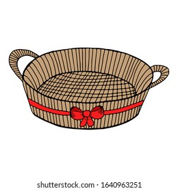Hand-drawn wicker basket isolated on a white background.Oval with a bow basket for a picnic, for collecting mushrooms and berries, for Easter, for a holiday in nature, for animals.Vector illustration