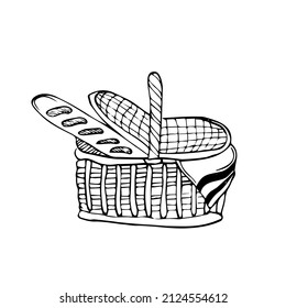 Hand-drawn wicker basket isolated on a white background.Oval high basket for a picnic, for collecting mushrooms and berries, for Easter, for a holiday in nature,for animals. Vector illustration